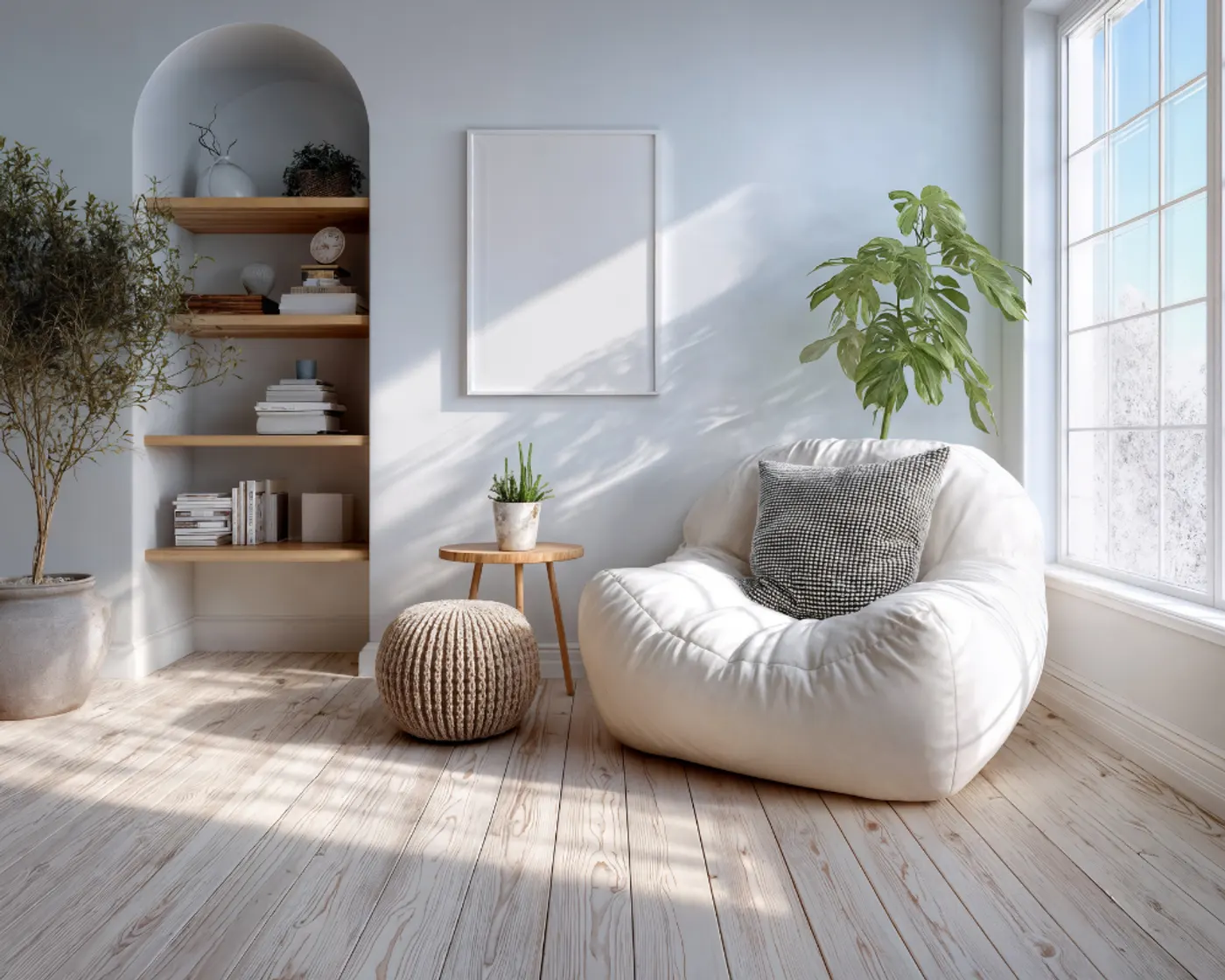 A clean sitting room with dusted shelving